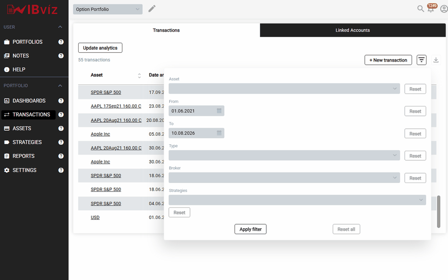 IBviz transaction list filters